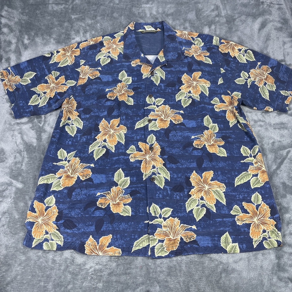 Tommy Bahama Shirt Mens XL Blue Silk Floral‎ Hawaiian Beach Surf Camp Hibiscus
